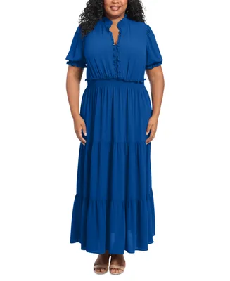 London Times Plus Size Smocked Tiered Maxi Dress