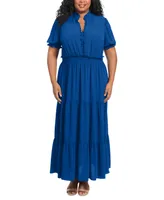 London Times Plus Size Smocked Tiered Maxi Dress