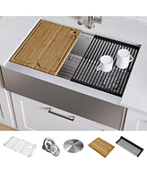 Kraus Kore in. Workstation Farmhouse Flat Apron Front 16 Gauge Single Bowl Stainless Steel Kitchen Sink with Accessories