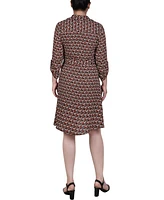 Ny Collection Petite Geometric Printed Roll Tab Sleeve Dobby Shirt Dress