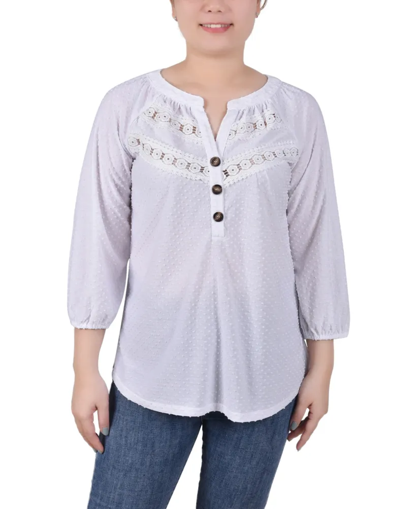 Ny Collection Petite 3/4 Sleeve Swiss Dot Henley Top