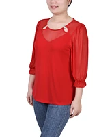 Ny Collection Petite 3/4 Sleeve Ringed Mesh Top