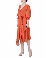 Ny Collection Petite 3/4 Sleeve Belted Chiffon Handkerchief Hem Dress