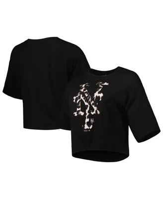 Women's Majestic Threads Black New York Mets Leopard Cropped T-shirt
