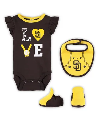 Newborn and Infant Boys Girls Brown, Gold San Diego Padres Three-Piece Love of Baseball Bib Bodysuit Booties Set