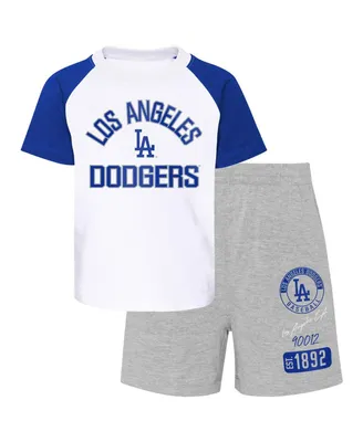 Toddler Boys and Girls White Heather Gray Los Angeles Dodgers Two-Piece Groundout Baller Raglan T-shirt Shorts Set