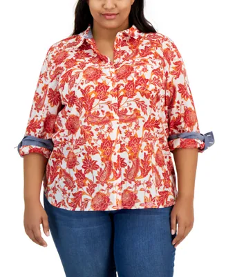 Tommy Hilfiger Plus Size Cotton Floral Roll Tab Button Down Shirt