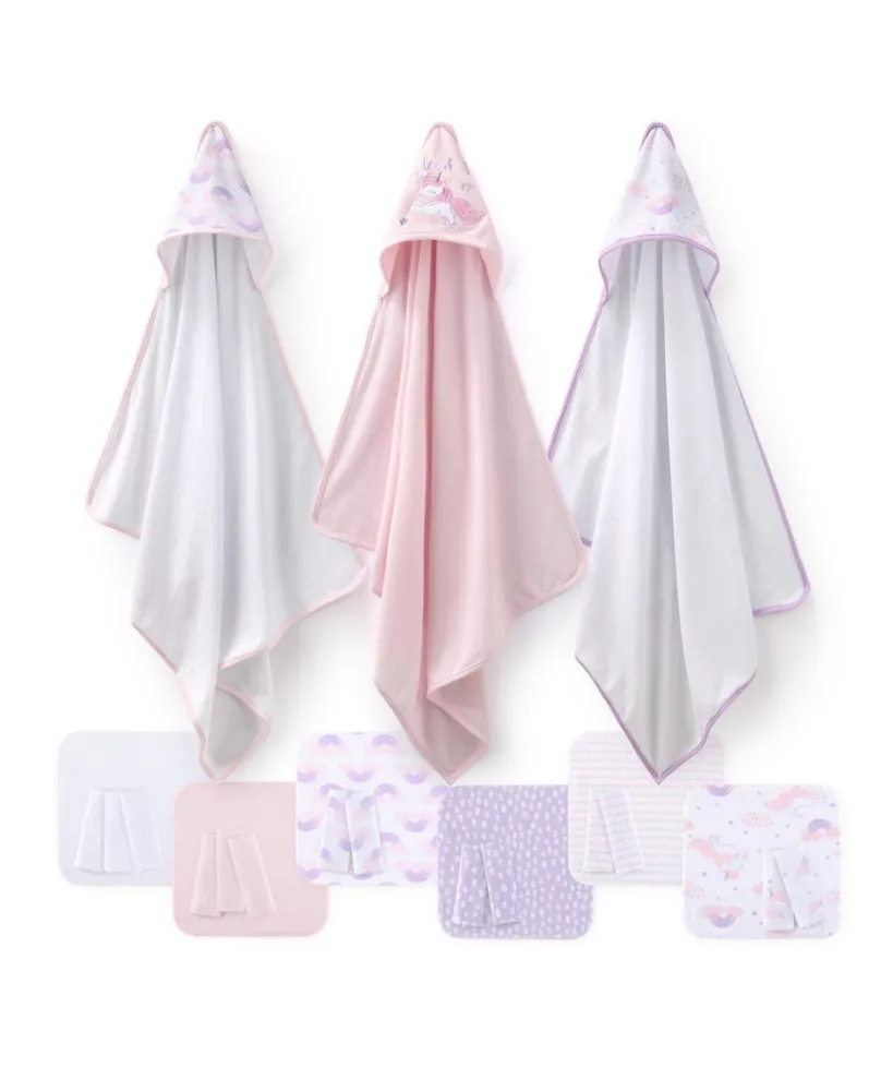 The Peanutshell Baby Girl Hooded Towels and Washcloths Gift Bath Set, 23 Piece, Pink Unicorn Rainbow