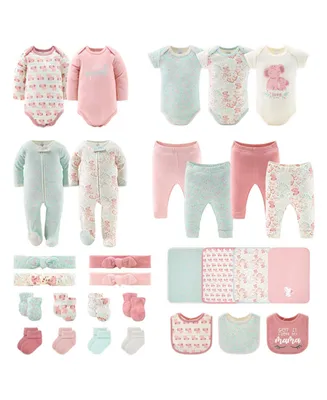 The Peanutshell Newborn Layette Gift Set for Baby Girls, Pink Floral Elephant, 30 Essential Pieces,