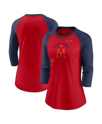 Women's Nike Red, Navy Minnesota Twins Next Up Tri-Blend Raglan 3/4 -Sleeve T-shirt