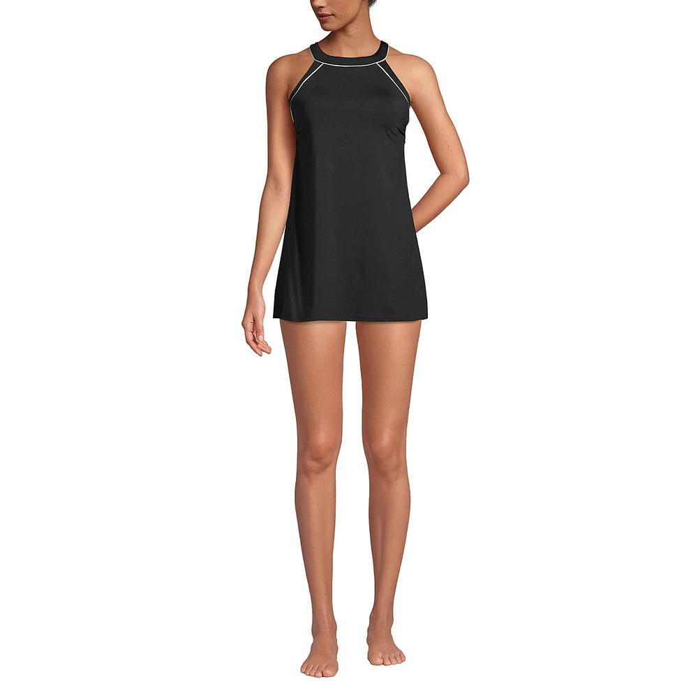 Lands' End Women's D-Cup High Neck Swim Dress One Piece Swimsuit Adjustable Straps