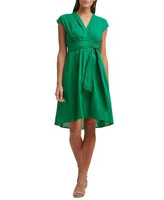 kensie Women's Cotton V-Neck A-Line Tie-Waist Dress