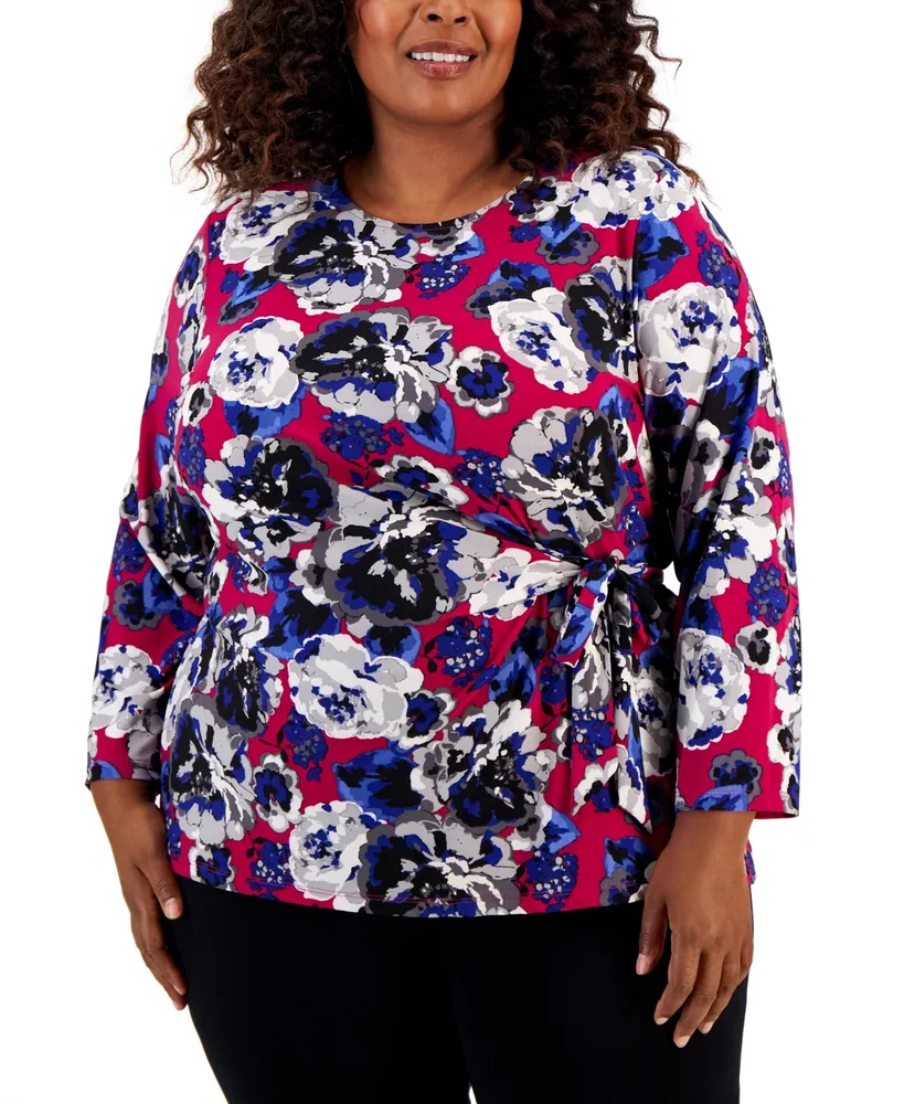 Kasper Plus Size Floral-Print Side-Knot Blouse