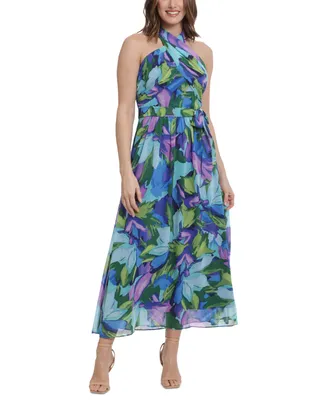 London Times Women's Floral-Print Wrap-Neck Tie-Front Halter Maxi Dress