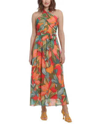 London Times Women's Floral-Print Wrap-Neck Tie-Front Halter Maxi Dress