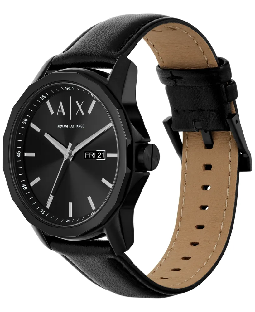 A|X Armani Exchange Men's Three-Hand Day-Date Quartz Black Leather Watch 44mm and Black Stainless Steel Bracelet Set