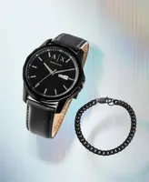 A|X Armani Exchange Men's Three-Hand Day-Date Quartz Black Leather Watch 44mm and Black Stainless Steel Bracelet Set