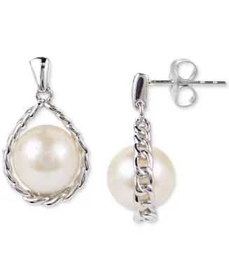 Cultured Freshwater Pearl (7mm) Chain Drop Earrings in Sterling Silver