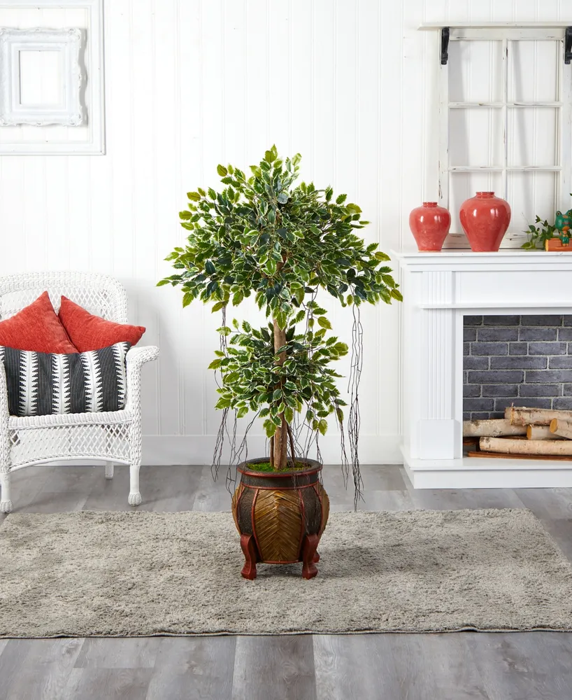 Nearly Natural 59" Variegated Ficus Artificial Tree in Decorative Planter