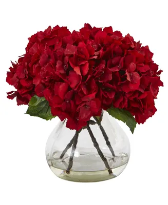 Nearly Natural 8.5" H Red Hydrangea Silk Flower Arrangement w/ Glass Vase