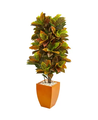 Nearly Natural 5.5' Croton Artificial Plant in Orange Planter - Real Touch