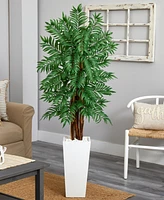 Nearly Natural 5.5' Parlor Palm Artificial Tree in White Tower Planter