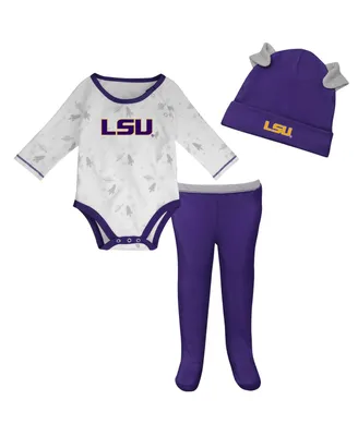 Newborn and Infant Boys Girls Purple, White Lsu Tigers Dream Team Raglan Long Sleeve Bodysuit Hat Pants Set