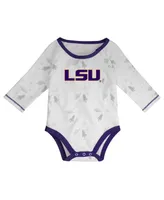 Newborn and Infant Boys Girls Purple, White Lsu Tigers Dream Team Raglan Long Sleeve Bodysuit Hat Pants Set