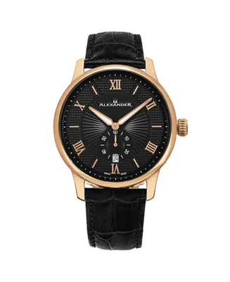 Alexander Men's Regalia Black Leather , Black Dial , 42mm Round Watch