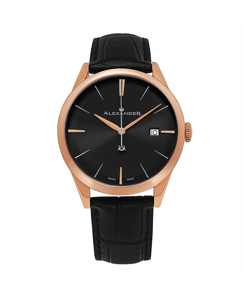 Alexander Men's Sophisticate Black Leather , Black Dial , 40mm Round Watch