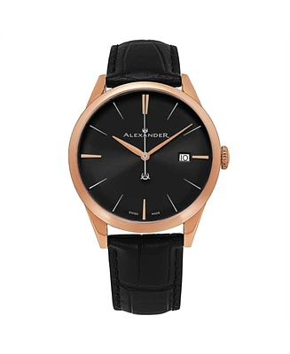 Alexander Men's Sophisticate Black Leather , Black Dial , 40mm Round Watch