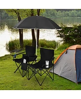 Costway Folding Picnic Double Chair W/Umbrella Table Cooler Beach