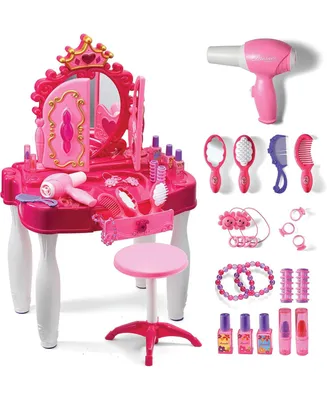 Pretend Play Girls Vanity Set with Mirror and Stool 21 Pcs with Lights and Sounds