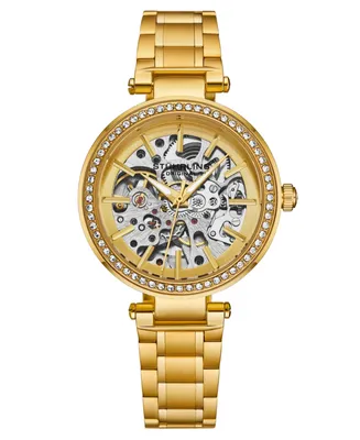 Stuhrling Women's Automatic Alloy Gold Case, Skeleton Dial, Gold Ss Link Bracelet Watch Crystal Studded Gold Bezel