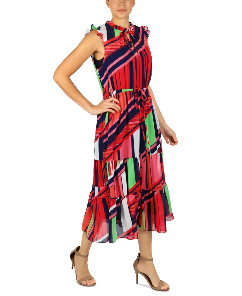 julia jordan Women's Printed Ruffle-Neck Tie-Waist Midi Dress
