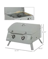 Outsunny 2 Burner Propane Gas Grill Outdoor Portable Tabletop Bbq with Foldable Legs, Lid, Thermometer for Camping, Picnic, Backyard, Light Grey