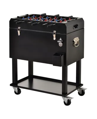Outsunny 68QT Patio Cooler Ice Chest with Foosball Table Top, Portable Poolside Party Bar Cold Drink Rolling Cart on Wheels with Tray Shelf