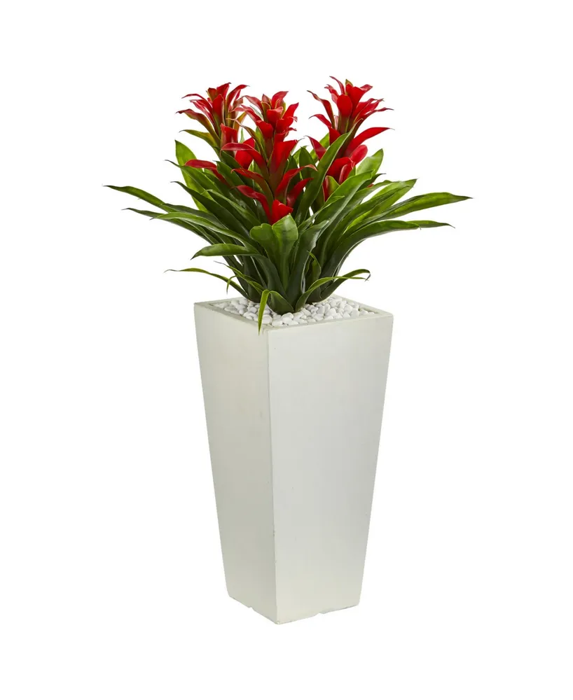 Nearly Natural Triple Bromeliad Artificial Plant in White Tower Planter