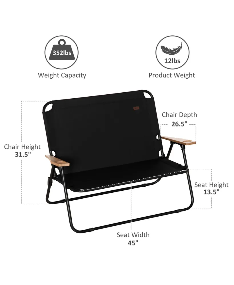 Outsunny Double Camping Chair for 2 Person, Folding Loveseat with Cup Holder and Wood Armrests, for Beach Sports Travel