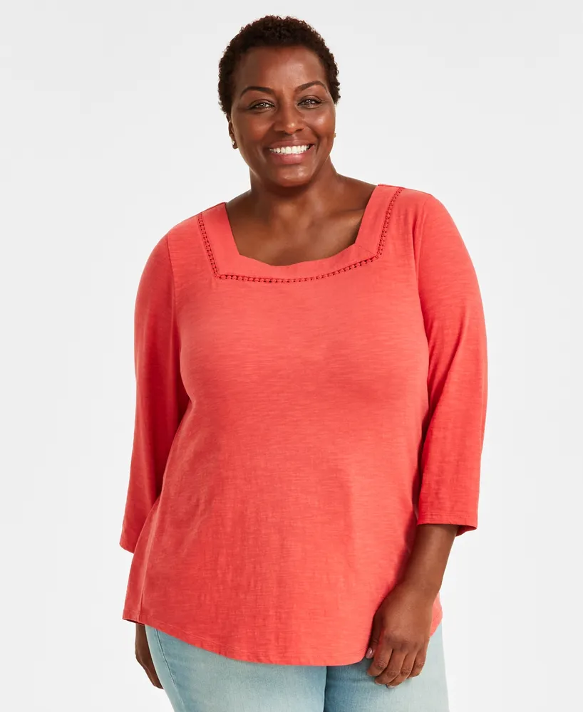 Style & Co Plus Cotton Square-Neck Top, Created for Macy's