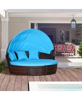 Outsunny 4-Piece Rattan Patio Furniture Set, Round Convertible Daybed or Sunbed with Adjustable Sun Canopy, Sectional Sofa, 2 Chairs, Table