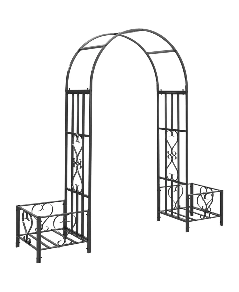 Outsunny 6.7' Steel Garden Arch Arbor with Scrollwork Hearts, Planter Boxes for Climbing Vines, Ceremony, Weddings, Party, Backyard, Lawn, Dark Gray