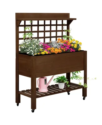 Outsunny 41" Raised Garden Bed with Trellis on Wheels, Wooden Elevated Planter Box with Legs and Bed Liner, for Flowers, Herbs & Vegetables