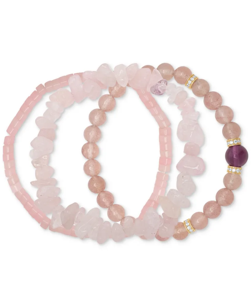 3-Pc. Set Strawberry Quartz, Rose Quartz, Cubic Zirconia & Amethyst Stretch Bracelets in 14k Gold-Plated Sterling Silver