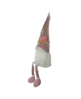 29" Pink and White Plaid Spring Gnome Table Top Figure with Dangling Legs