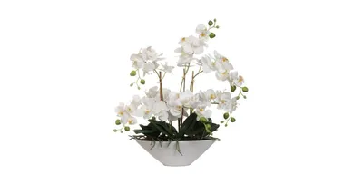 Floral Home 18" White Orchid in Elegant White Vase - Lifelike Faux Floral Decor for Home Accents, Weddings, and Events