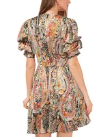 1.state Women's Printed Puff-Sleeve Tiered V-Neck Dress