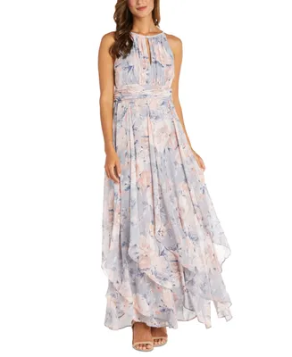 R & M Richards Women's Halter-Neck Floral-Print Long A-Line Dress