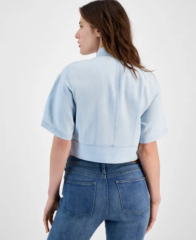 Cropped Short Sleeve Shirt for Women - Light Denim