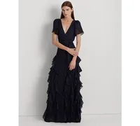 Lauren Ralph Women's Ruffle-Trim Metallic Chiffon Gown